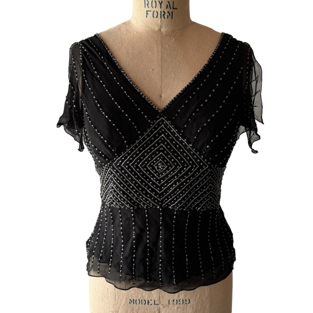 Vintage 90s Adrianna Papell Silk Black Art Deco Beaded Top